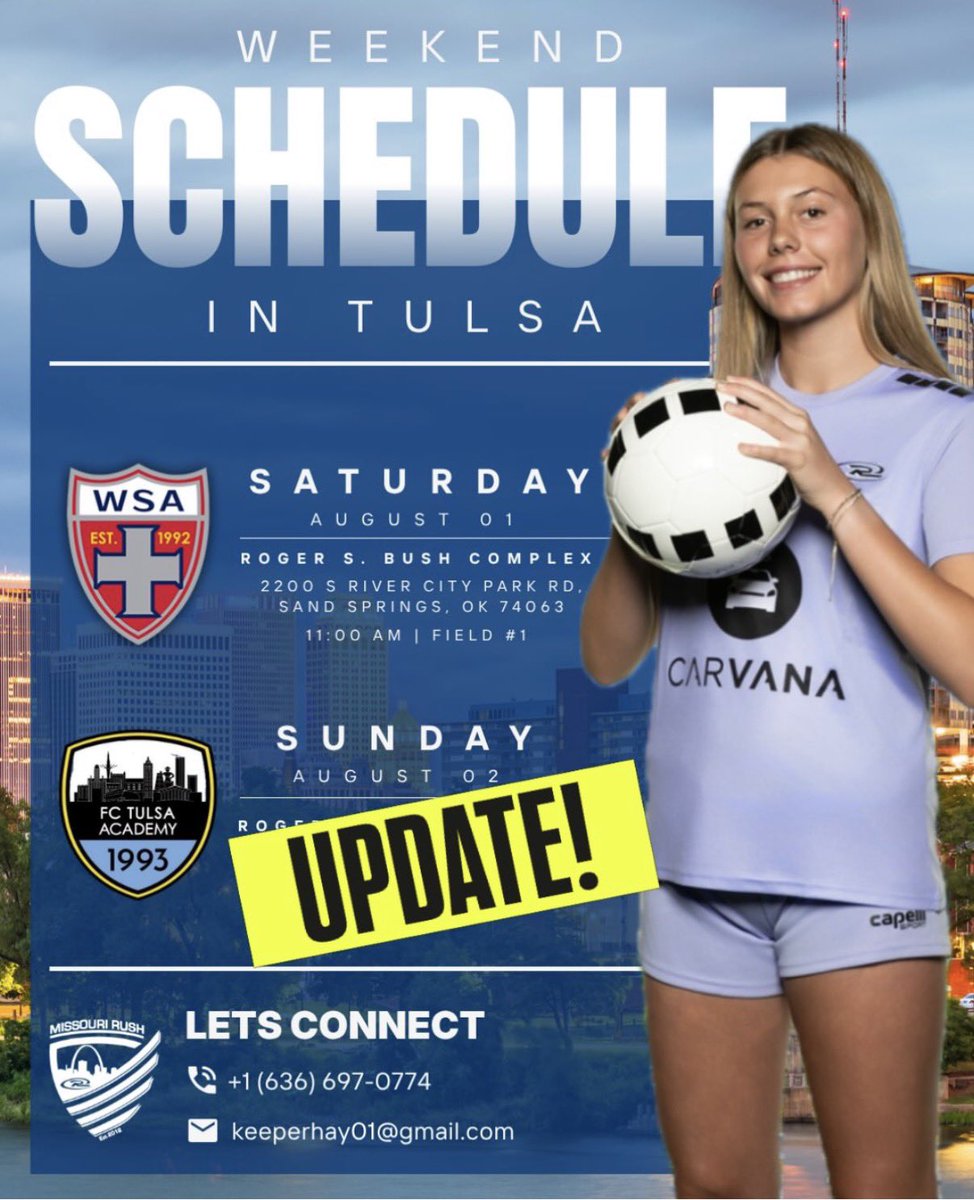 HayKeeper_1's tweet photo. Correction to my last post. Sunday’s game is 11:30 at: 

Scheels Sports Complex
9850 S Elwood Ave
Jenks, OK 74037

See my previous post for contact information and see you there!

@ImYouthSoccer @PrepSoccer @MoRushECNL @FZS_Soccer @TulsaWSoccer @ORUWSoccer @ou_soccer @CowgirlFC @TheSoccerWire @SocAddicts @TopDrawerSoccer @tomas_gomez_18 #gatewaycitygoalkeeping #ncaarecruit #womenssoccer #keeper