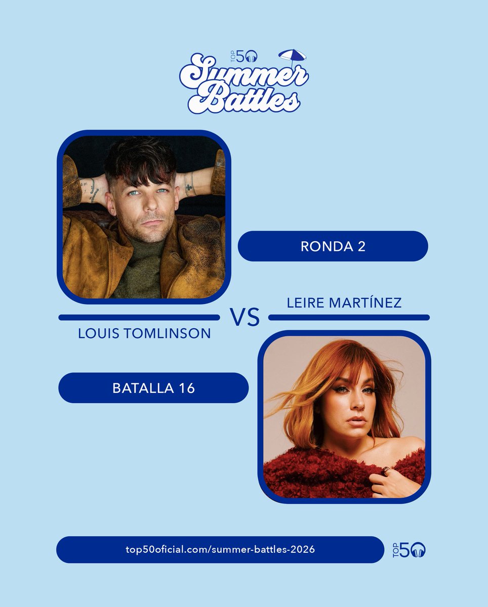 Top50Oficial's tweet photo. TOP 50 SUMMER BATTLES 2026
RONDA 2 ☀︎ BATALLA 16

🏖️ @Louis_Tomlinson VS @LeireMo 🏖️

— Vota por tus favoritos hasta el 8 de agosto a las 12h para que pasen a la RONDA 3 aquí: https://t.co/6RMmA7iIuY https://t.co/v9tE6a3hBI