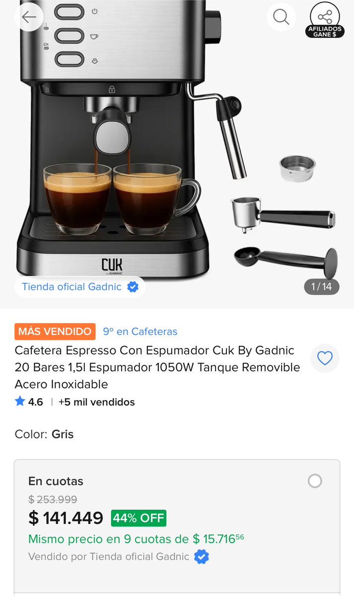 Modoahorroarg's tweet photo. ☕ ¡EL DESCUENTO QUE TU RINCÓN DE CAFÉ NECESITABA! 🔥
Encontré la cafetera espresso Cuk by Gadnic con un 44% de descuento en Mercado Libre. 🤯

💸 Antes: $253.999 ➡️ AHORA: $141.449

https://t.co/1g1O4GpzDR https://t.co/3tDgzRqH3A