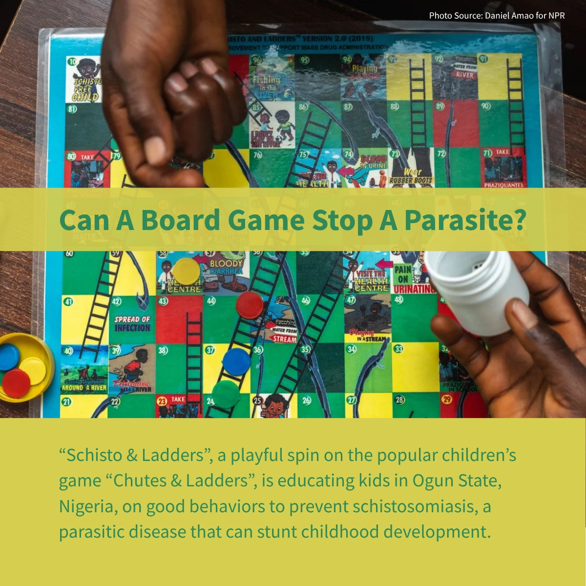 GHS's tweet photo. Researchers in Nigeria have developed a creative way to educate children about schistosomiasis, a neglected tropical disease that impacts millions of children in Sub-Saharan Africa.

Although effective treatment and prevention tactics are available, transmission awareness and misinformation pose a challenge to uptake. Enter “Schisto & Ladders”, a board game developed by researchers from Akwa Ibom State University. The game teaches children about ways to prevent schistosomiasis, combats misinformation, and helps improve community uptake of the safe medicines used to treat it.

Read more about Schisto & Ladders: https://t.co/w4J2tdUmk9