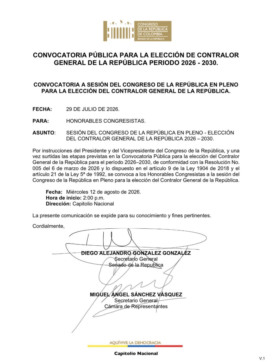 SecreCamaraCol's tweet photo. #Atención 🚨| Compartimos la convocatoria pública que llevará a cabo el @SenadoGovCo @CamaraColombia en Congreso Pleno para la sesión de elección del Contralor General de la República  2026-2030 el próximo 12 de agosto a las 2:00 p.m. https://t.co/ZPyGwOkkLc