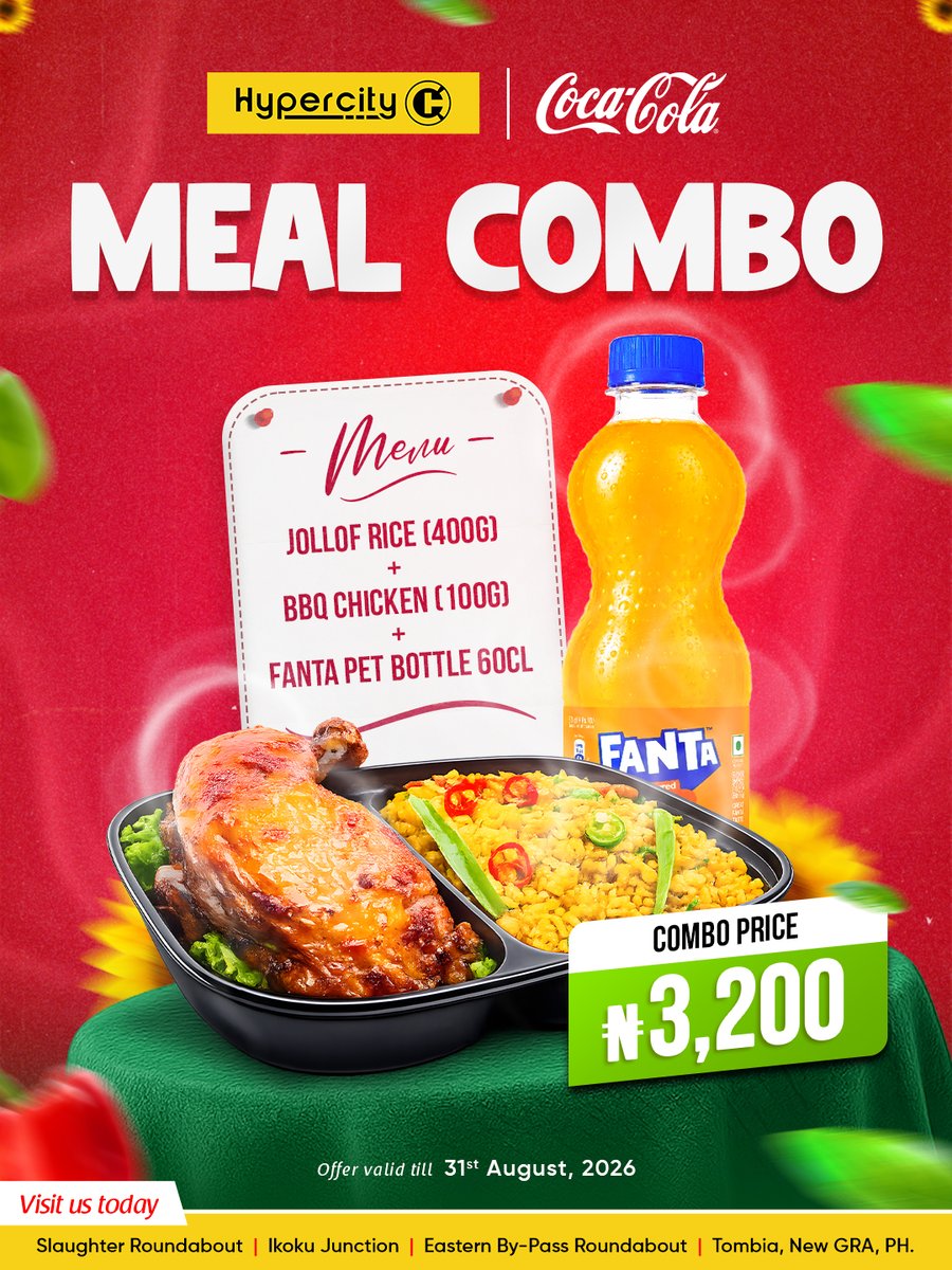 HypercityNg's tweet photo. You came in for bread, milk and one or two other things.

You're walking out with jollof rice, BBQ chicken and a chilled Fanta for ₦3,200 because you were already hungry before you got to the second aisle, and pretending otherwise never works.

It's the best ₦3,200 offer in PH. https://t.co/cbyDed63Wd