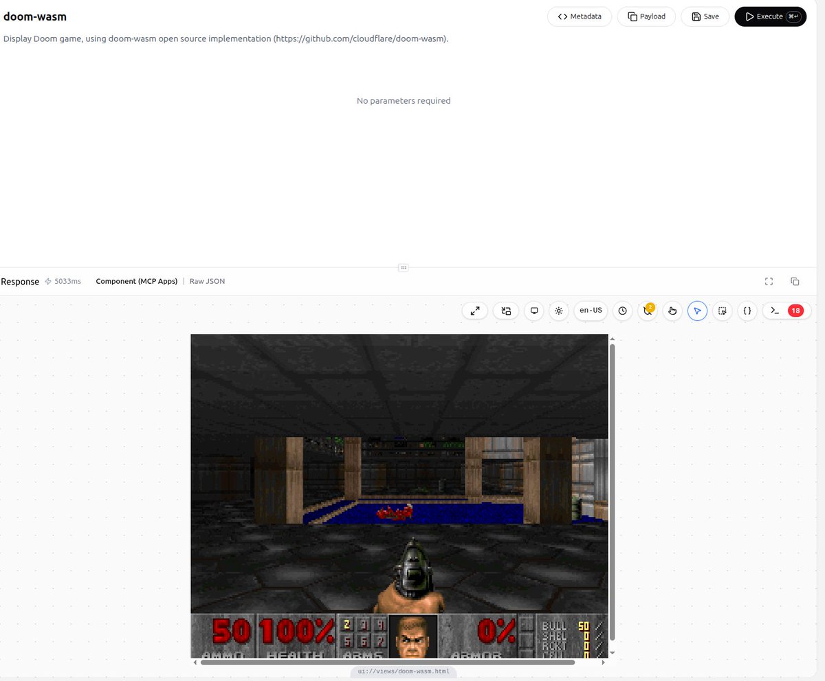ericbureltech's tweet photo. Je branche DOOM dans CLAUDE avec #MCP : ça progresse !
✅ Le jeu fonctionne dans le studio de développement de mcp-use
🛑Prochaines étapes : configurer les en-têtes CSP pour le WASM, les chemins absolus pour charger les fichiers statiques en prod, faire fonctionner le clavier https://t.co/wfNuU7OUaL