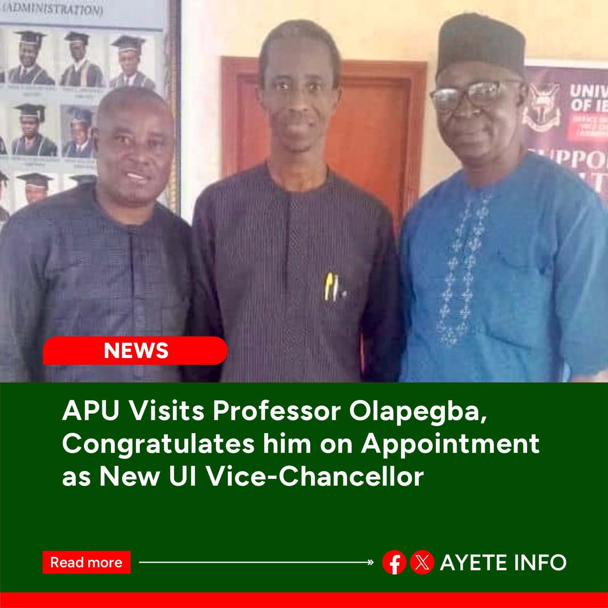 AyeteInfo's tweet photo. APU Visits Professor Olapegba, Congratulates him on Appointment as New UI Vice-Chancellor

Read more: https://t.co/rWZZYkss6q https://t.co/qXeeHhFjc4