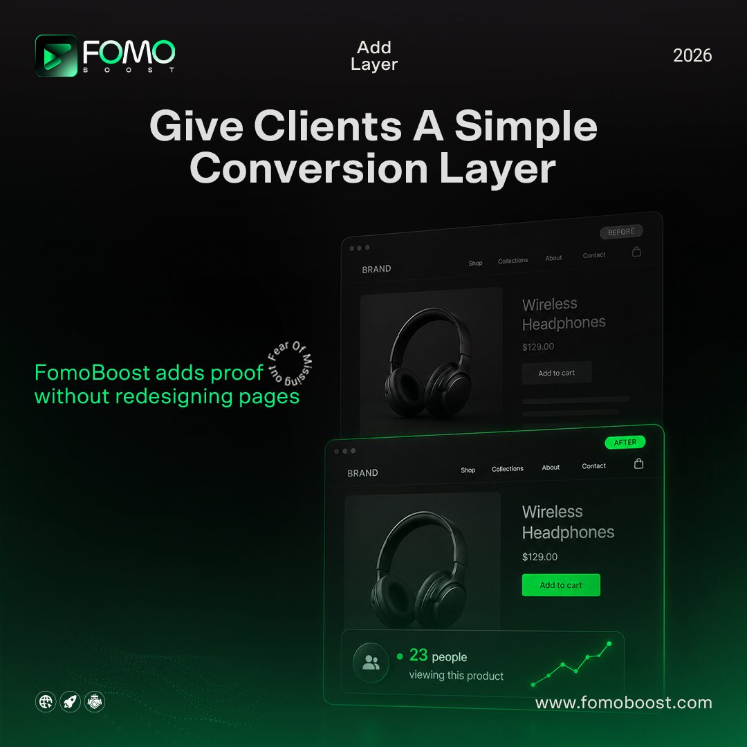 FomoBoost's tweet photo. Your website doesn’t need a complete redesign to convert better. Add a simple social proof layer with FomoBoost and show visitors that real people are viewing, trusting, and buying your products.

#FomoBoost #ConversionLayer #SocialProofMarketing #CRO #eCommerceMarketing https://t.co/x0XykXETrM
