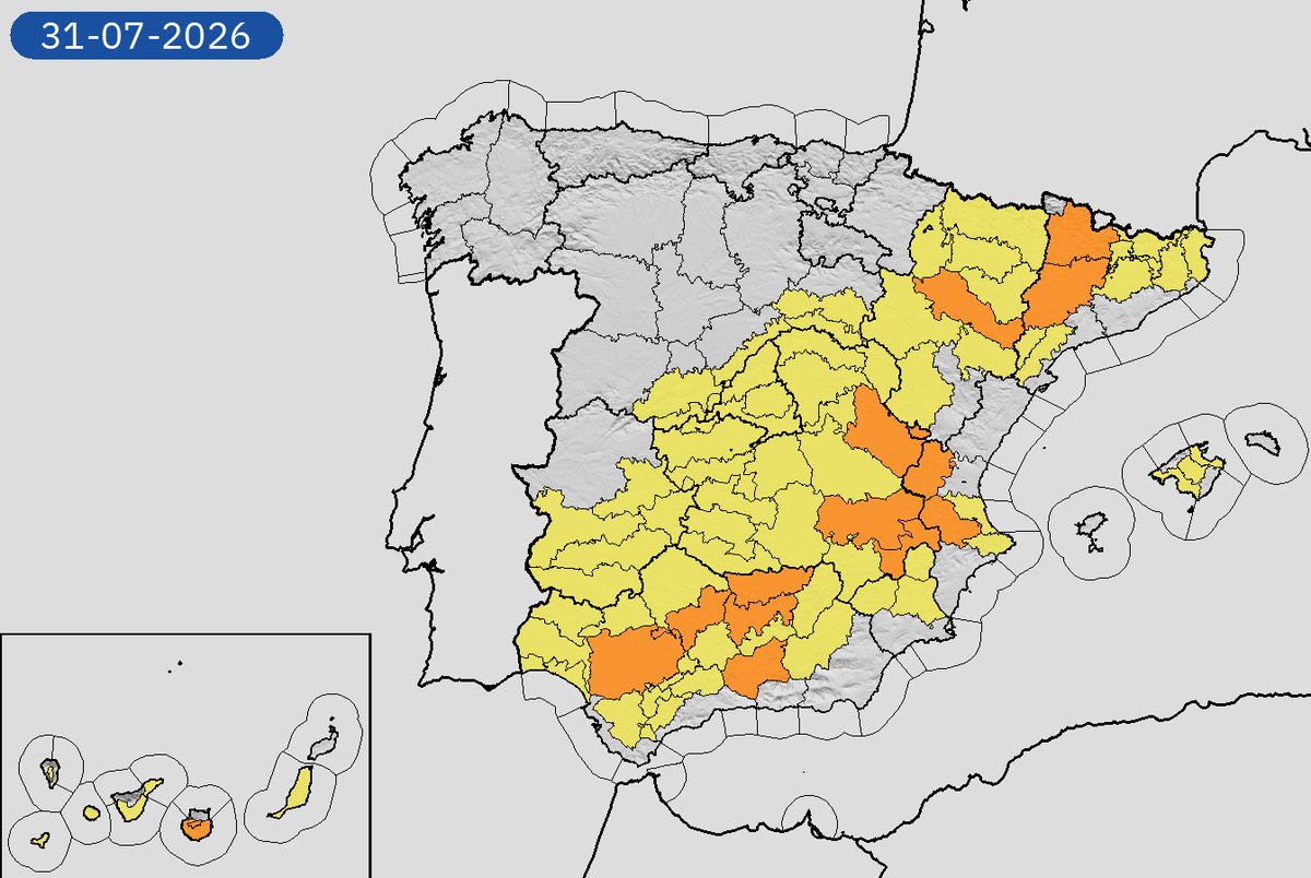 AEMET_Esp's tweet photo. 30/07 18:12 AVISOS HOY Y MAÑANA | España: temperaturas máximas y tormentas. Nivel máximo de aviso: naranja.
Actualizaciones en https://t.co/BLdoSsO2Qv https://t.co/lfR795k3YD