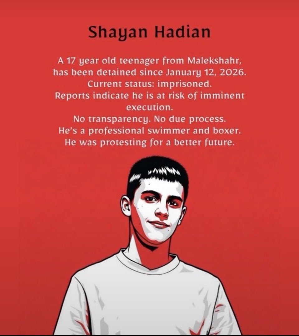 Childoftaehkook's tweet photo. برای شایان هادیان 17 ساله حکم اعدام دادن
⚠️صداش باشیم⚠️

Shayan Hadian, a 17 year old swimmer and boxer, is being tortured in an Islamic Republic prison to force him into a false confession.

He is only 17. A child. And now he faces execution.

#ShayanHadian https://t.co/SoEQyDTquo