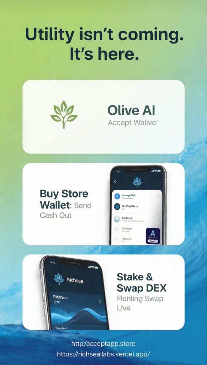 oliveaiprotocol's tweet photo. Quick check-in: Are you using the tools yet? 

Because Olive AI utility has been here:

Accept Wallet 📲  
Already integrated. Already on PlayStore.
Buy, Store, Swap, Send, Cash Out — all in one.
Get it: https://t.co/vRtc90NwmI

RichSea DEX 🌊  
Already integrated. Already live.  
Stake. Swap. Earn. Support the ecosystem.
Start: https://t.co/4FIXgiVc6s

We build slow. We build strong.  
We build with utility.
Ca: 0xF49E1651bbC174077Ad1debDdbfb3384E57647e1

Which one are you using today? 👇  
$OLAI
