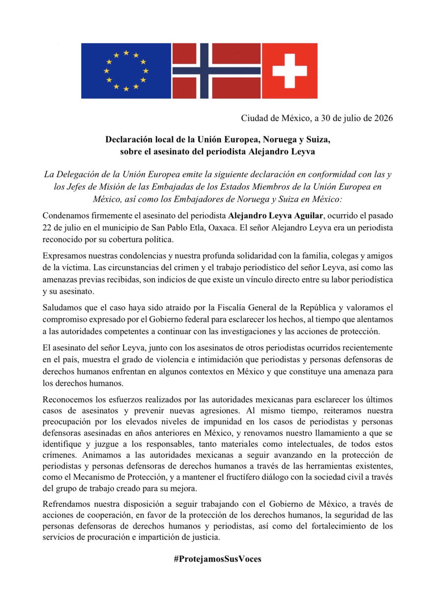 UEenMexico's tweet photo. ⚠️ Declaración local de la Unión Europea, Noruega y Suiza, sobre el asesinato del periodista Alejandro Leyva 
🔗 https://t.co/SB3z3tSDQ3

#ProtejamosSusVoces https://t.co/2W4z5SUM9U