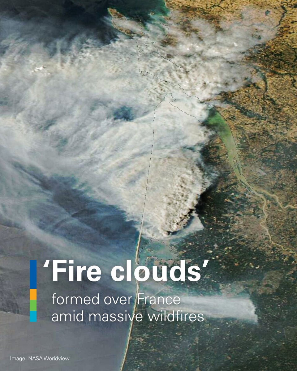 WMO's tweet photo. France &amp; Spain are facing some of the worst wildfires in recent history. Intense wildfires have generated 'fire clouds', AKA pyrocumulonimbus or cumulonimbus flammagenitus.
 
Fire clouds are signs of extreme weather and heat, &amp; can make wildfires even harder to predict &amp; contain. https://t.co/taf0XI2VE8