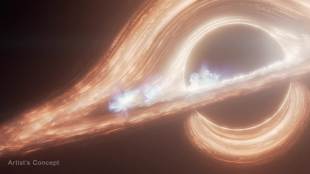 Illustration of a black hole, a black sphere surrounded by bending beams of light and flashes of energy. 
