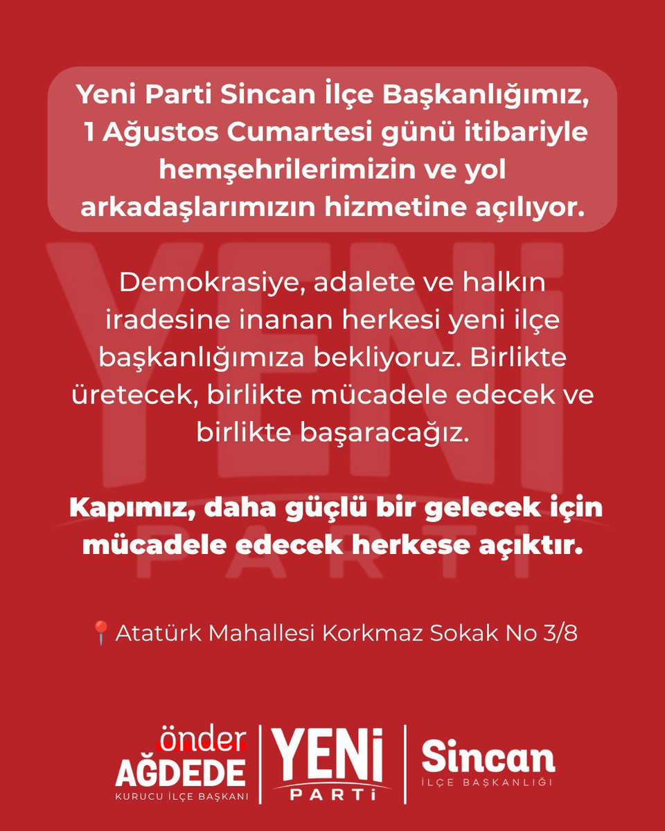 YeniPartiSincan's tweet photo. Yeni bir yola çıkıyoruz. https://t.co/MfqR8oNhgI