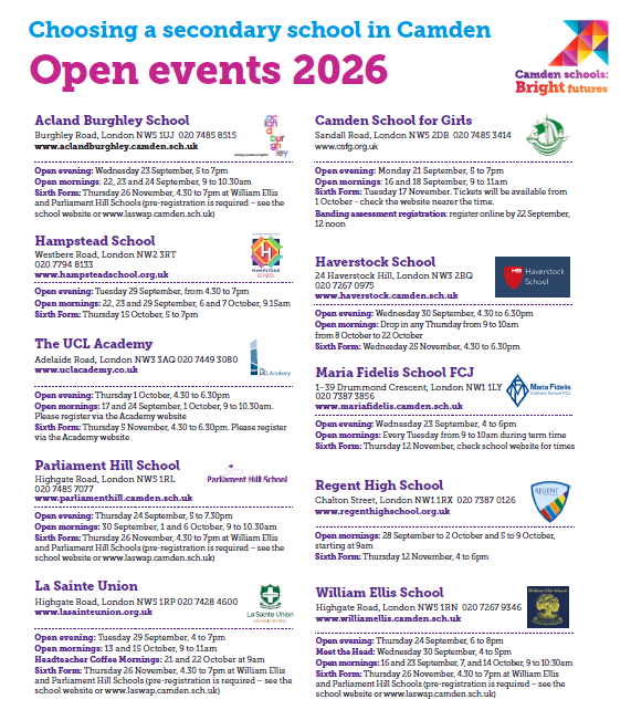 CamdenCouncil's tweet photo. Applying for Year 7 school places for September 2027? 
Visit Camden secondary schools' open events in September and October - see our poster with all the dates or visit the schools' own websites for details.
Read or download a copy of the poster: https://t.co/5ezeEdXoSl https://t.co/EyEQqih4VG