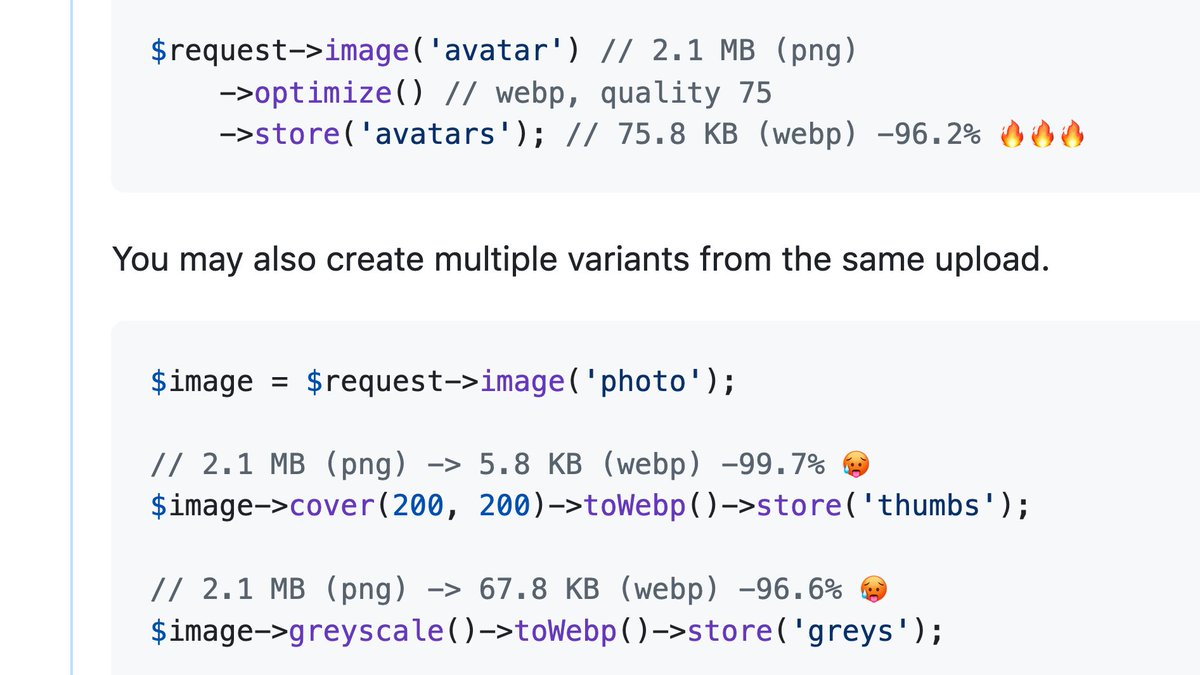 enunomaduro's tweet photo. proud to announce that we've just added first-party image processing for @laravel

immutable api for manipulating images from resize, crop, convert to webp, store, and more, directly from the request object

a 2.1 mb png down to 75 kb 🤌🏻 https://t.co/m69WF9HbOM