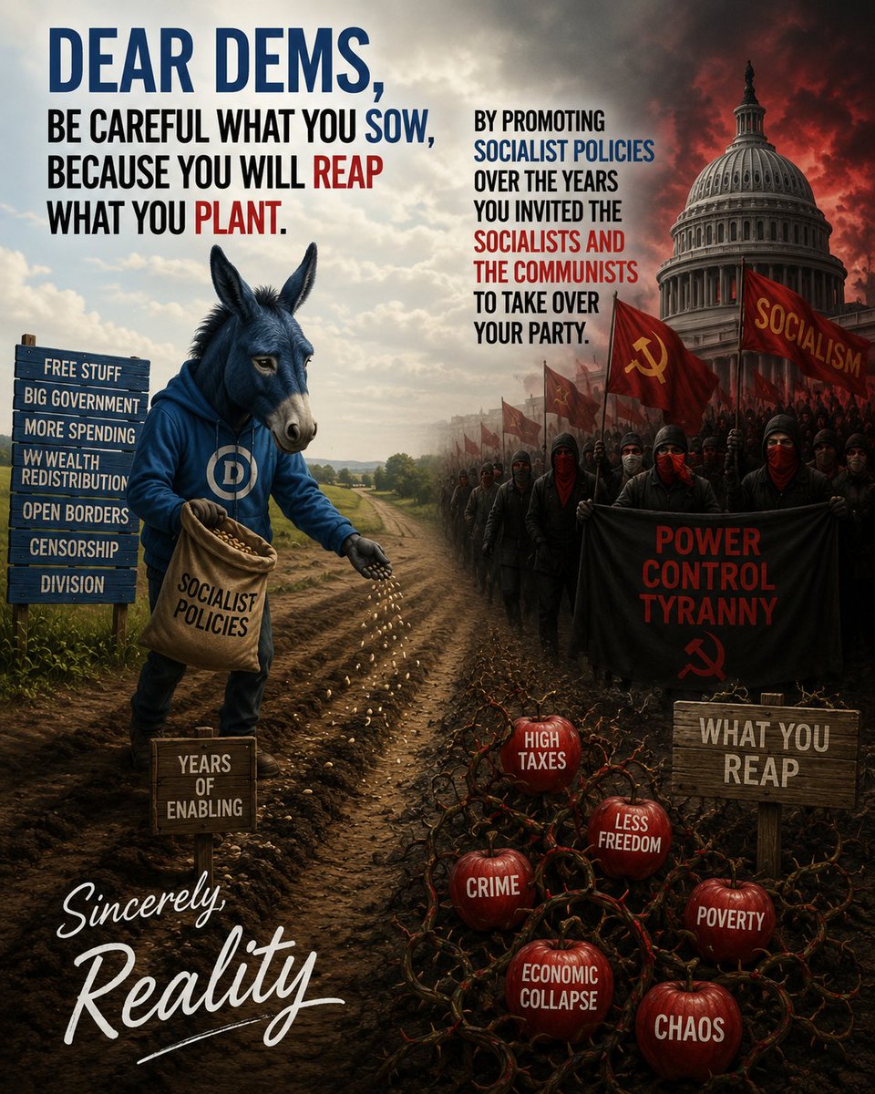 drmattwill's tweet photo. Dear DEMS,

Be careful what you sow, because you will reap what you plant.  

By promoting socialist policies over the years you invited the Socialists and the Communists to take over your party. 

Sincerely 
Reality https://t.co/hy7GD6UcQf
