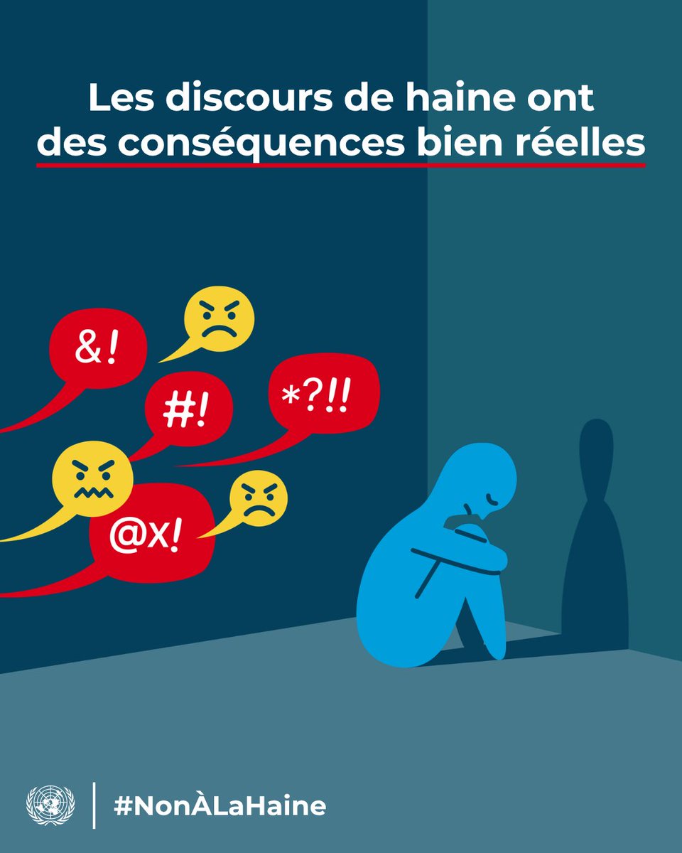 ONU_fr's tweet photo. Qu’elles prennent la forme de paroles ou d’actes, la haine et l’intolérance ont des conséquences réelles et graves.

Chacun et chacune d’entre nous peut agir en dénonçant les discours de haine partout où ils se manifestent.

#NonÀLaHaine https://t.co/L4d4b3D9wA