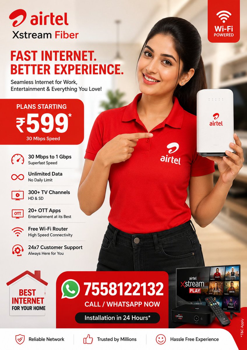 Airtelfibernet's tweet photo. Airtel Xstream Fiber connection Booking call 7558122132 https://t.co/sPJVGJ5VbZ