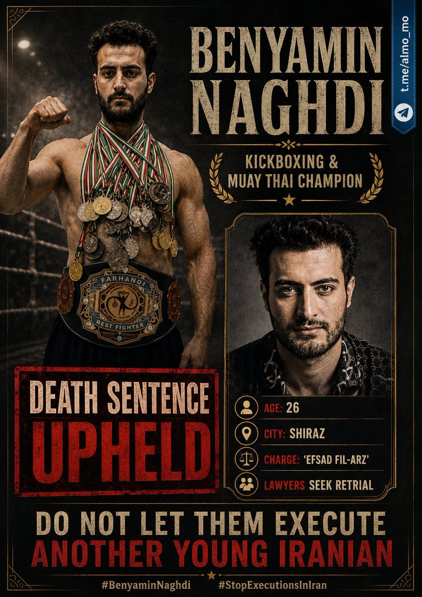 AminMempo's tweet photo. The Islamic Republic is taking young Iranians one by one, turning protest cases into death sentences and hoping the world remains silent.

#بنیامین_نقدی — #BenyaminNaghdi — is only 26 years old. He is a kickboxing and Muay Thai champion from Shiraz whose life should be defined by medals, discipline and achievement, not by a prison cell and the threat of execution.

According to published reports, Benyamin was arrested in connection with the January 2026 protests and sentenced to death on the charge of “efsad-fil-arz.” His lawyer has stated that Branch 41 of the Supreme Court upheld the sentence and that the defence will seek a retrial. Reports concerning alleged coerced confessions and serious violations of due process make this case even more alarming.

@marklevinshow and @NoaMagid, please make his name heard before it becomes another name posted after an execution. @drmaisato and @LauraLoomer, help bring international attention to this urgent case.

@AmnestyIran, @amnesty and @hrw must demand an immediate halt to any execution process, independent legal representation, family access and a genuinely fair retrial. @UNWatch must raise this case before the international community.

@potus, @WhiteHouse and @SecRubio: public pressure matters while Benyamin is still alive. The Islamic Republic must understand that the world is watching and that executing another young protester will not happen in silence.

@FoxNews and @NEWSMAX, please tell the story of a champion now fighting for his life.

Benyamin’s medals must not become objects displayed beside his memorial photograph. Speak now. Demand the death sentence be overturned. Protect his life before it is too late.

#بنیامین_نقدی

 #BenyaminNaghdi #StopExecutionsInIran