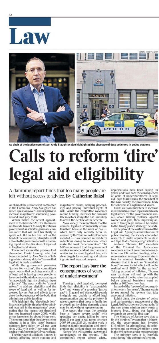 TheCriminalBar's tweet photo. “More widely, the report finds that the criminal legal aid is “financially unsustainable” because the rates of pay — which have only recently been increased by the “minimum level” recommended — have resulted in real-term reductions owing to inflation, which make the work “uneconomical”. The MPs recommend that the government creates an independent mechanism to review and increase legal aid fees, with clear targets for recruiting and retaining criminal legal aid lawyers.”
@thetimes @legalhackette 

Calls to reform ‘shockingly low’ legal aid eligibility threshold.

https://t.co/dlxvCZoHBh