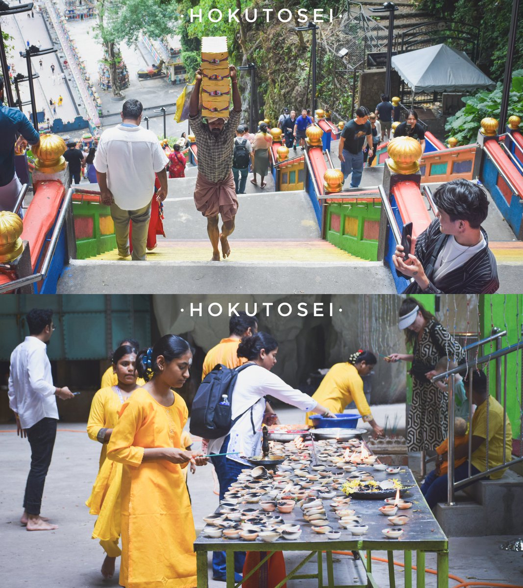 HOKUTOSEI19's tweet photo. 雪兰莪Batu Caves，马来西亚最大的印度教朝圣地。

​​Lord Murugan巨像与彩色阶梯屹立于悬崖前，朝圣者、猕猴与鸽群交织出复杂的众生相；古老的溶洞内光影斑驳、神像伫立，回荡着泰米尔语诵经声。

习惯了东亚佛道之内敛禅意，面对这般将神性、野性与市井气熔于一炉的高饱和度视觉冲击，很难不被震撼。 https://t.co/Zb6ZHUT5aF