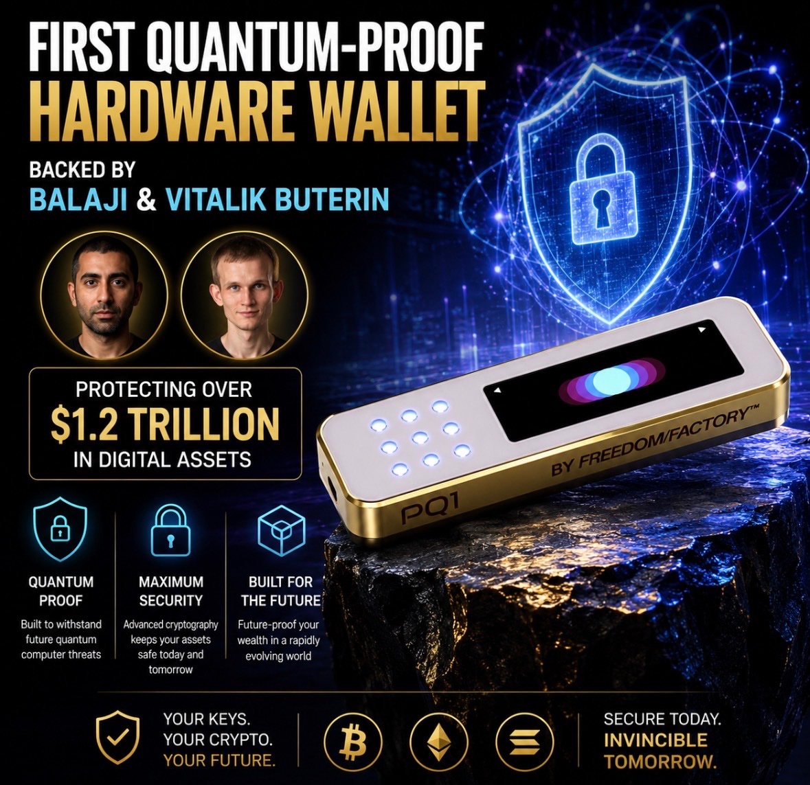 Crypto_Crib_'s tweet photo. 🚨 QUANTUM-PROOF CRYPTO WALLET LAUNCHES 💻

- Startup backed by Balaji Srinivasan and Vitalik Buterin unveils the first quantum-proof hardware wallet.

- Could protect over $1.2T in digital assets from future quantum computing threats. https://t.co/9gUOBQpBZ0