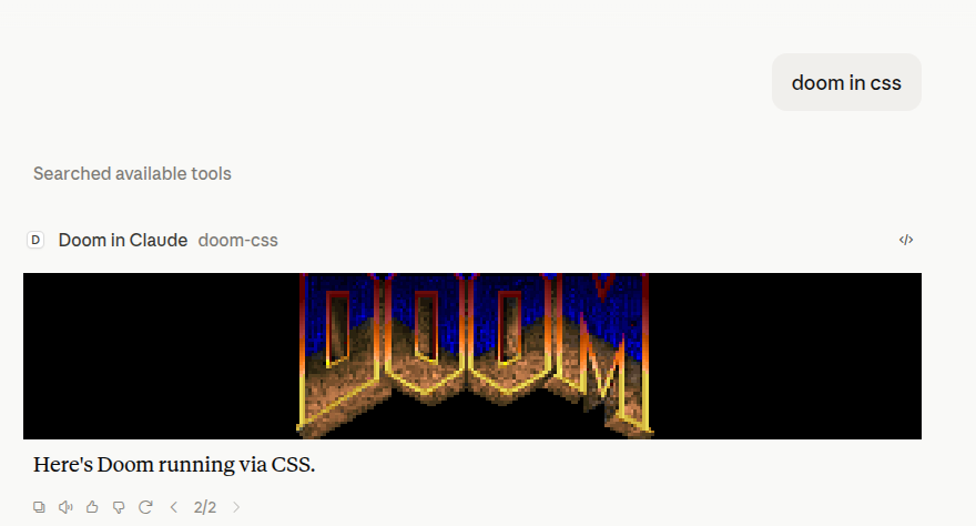ericbureltech's tweet photo. DOOM IN CLAUDE : fausse piste...
J'ai tenté d'utiliser cssDOOM via un serveur #MCP connecté à Claude pour faire tourner DOOM... dans Claude. J'ai pu charger le JS et le CSS du jeu avec l'aide des devs de mcp-use.
Mais le jeu ne tourne pas -> je me concentre plutôt sur doom-wasm https://t.co/ZtjG6KYE7B