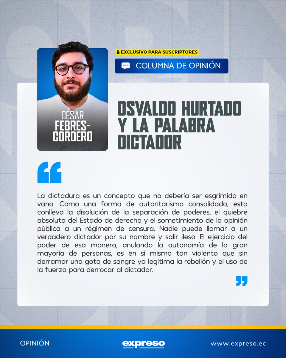Expresoec's tweet photo. #OPINIÓN: "Podemos estar en desacuerdo con Hurtado, pero no podemos desconocer la entereza de enfrentarse a un presidente que es en todas las letras un autodenominado ´pésimo enemigo'”, escribe César Febres-Cordero Loyola en su columna de hoy. 👇
https://t.co/odYsCEfdgv https://t.co/E2lzqxlDym