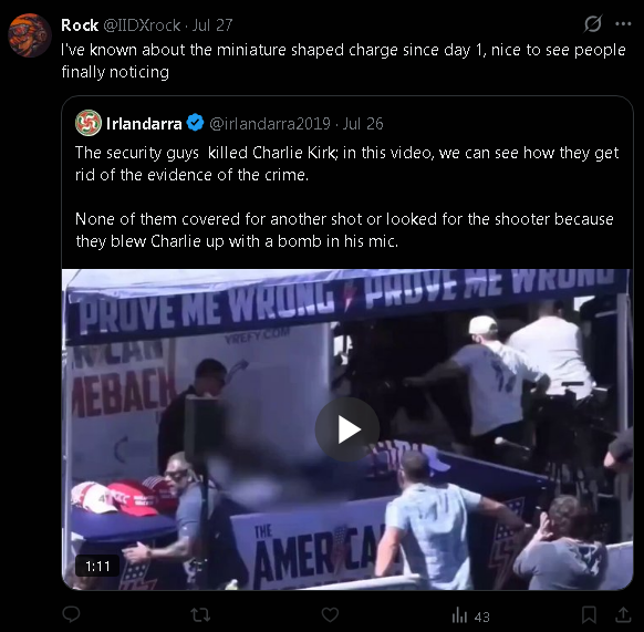 80HDfree's tweet photo. @IIDXrock @NotSure365 @GamersNexus @CommerceGov Delusional LARPing conspiracy theorist thinking a matchbox mic hid a shaped charge that magically killed Kirk with zero explosion, flash, or debris while a rooftop sniper video exists 
Next level fanfic. https://t.co/C1zQS2m1NP