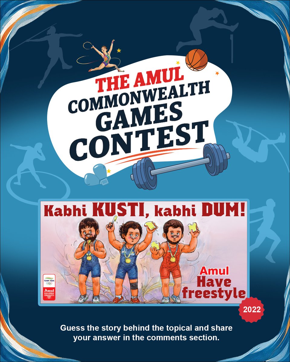 Amul_Coop's tweet photo. Friends, we are back with the Amul Commonwealth Games Contest 2026. As you know, Amul Topicals have captured sport's most iconic moments over the years, and now it's your chance to win Amul Topical souvenirs! Isn't it exciting?

All you need to do is guess the sporting moment behind this topical and share your answer in the comments section. Get it right, and you could be one of our winners!

Contest Rules:

1) Submit your answer in the comments section by 12:00 Noon the following day.
2) The Top 3 winners will be announced tomorrow and will receive Amul Topical souvenirs.
3) The Top 3 winners will be decided on the basis of whose answer is closest to the correct theme and among the fastest to respond.
4) In addition, the correct answer should also receive the maximum number of likes.
5) This contest is designed to celebrate genuine creativity and community engagement. By entering, all participants agree to maintain the spirit of fair play.
6) Organic Engagement Only: All likes, shares, comments, views and votes (collectively, "Engagement") must be generated solely by genuine, unique and verifiable social media users.
7) Prohibited Practices: Participants are strictly prohibited from using any artificial, unfair or fraudulent means to increase their engagement metrics, including creating multiple fake accounts or bots to vote on or interact with their own entry.
8) If any entry is found, or reasonably suspected, to be receiving bot likes or artificial engagement, the entry will be disqualified immediately without prior notice.
9) If a participant is found to have violated these terms after being announced as a winner, they will forfeit the prize, and an alternative winner will be selected.
10) All decisions made by GCMMF (Amul) regarding eligibility, engagement validity and disqualification are final, binding and non-appealable. GCMMF (Amul) is under no obligation to provide detailed technical analytics or proof to a disqualified participant regarding how the fraudulent activity was detected.

Good luck, and may the best sports fans win!