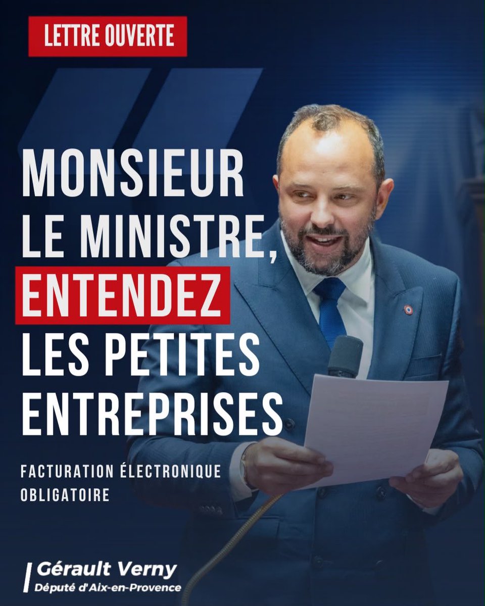 gerault_verny's tweet photo. Aujourd’hui, j’ai adressé une lettre ouverte à @RolandLescure, ministre de l’Économie.

Ces derniers jours, des centaines d’artisans, commerçants, indépendants et dirigeants de petites entreprises m’ont témoigné de leurs inquiétudes.

Alors que les petites entreprises sont déjà sous pression, avec près de 17 500 défaillances au deuxième trimestre 2026, en hausse de 5,4 % sur un an, cette nouvelle contrainte pourrait être celle de trop pour certaines d’entre elles.
 
Je me fais aujourd’hui leur porte-voix et demande la suspension de la réforme de la facturation électronique obligatoire, tant qu’une solution publique gratuite ne sera pas garantie.

Retrouvez ma lettre ouverte dans le JDD 👉 https://t.co/wodSv4IVji
