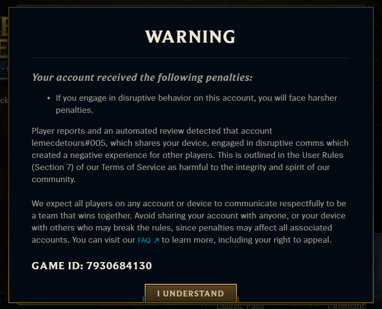 aliera999's tweet photo. @RiotSupportFR Je ne comprends pas ce message?
Je ne joue presque plus au jeu (moins de 5 games en 3 mois), et en me connectant je vois ça?
Le compte "lemecdetours#005" n'est pas le mien mais celui d'un ami, qui ne s'est jamais connecté sur mon PC? https://t.co/wqS2yGmWoZ