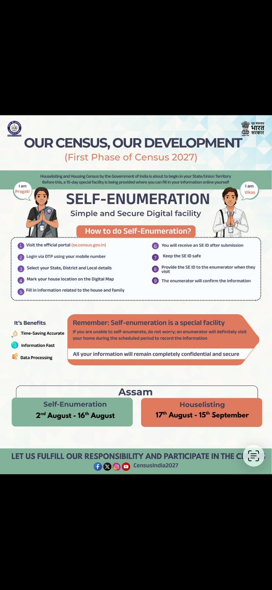 CensusAssam's tweet photo. Let's participate in Self Enumeration of Census 2027 (Houselisting Operations phase) through the dedicated portal https://t.co/JXnQeziH97 
#Census2027 #Assam #Selfenumeration #digitalcensus #highlight #trending https://t.co/Yekqija61R