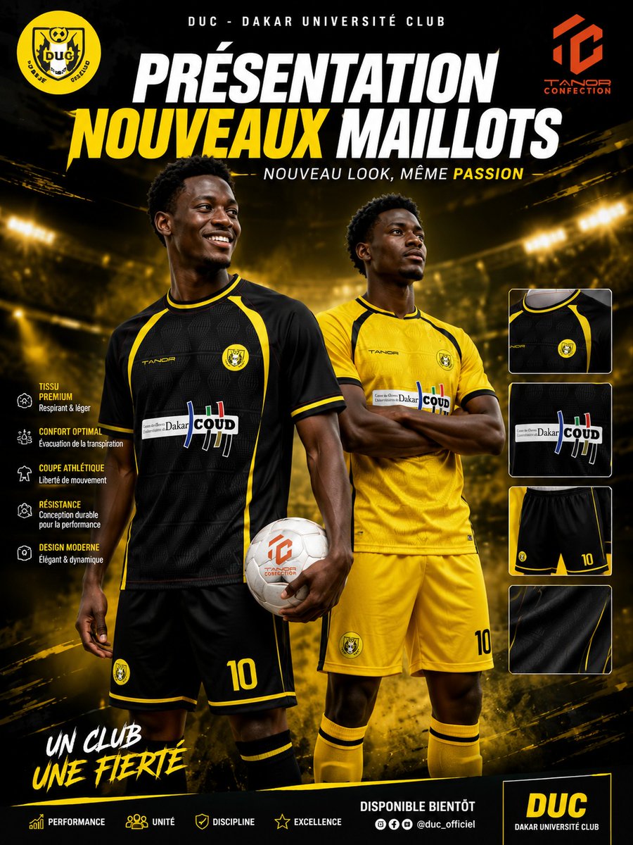 ducfoot's tweet photo. Nouvelle saison en vue, nouveaux maillots pour les Jaune et Noir

Découvrez les nouveaux maillots 2026 - 2027

ALLEZ DUC 🟡 ⚫️ 

#DUC #COUD #UCAD #ETUDIANTS https://t.co/uCrwh6T6Rc