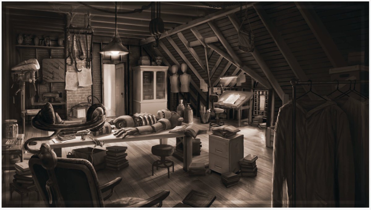 Hugobosstc's tweet photo. EXCLUSIVE: Early Concept art from #FNAF Art Director, Mark A. Terry
* Int. River Freddy's - River Tunnel (Present Day)
* Int. Vanessa's childhood home workshop
* Int. Abby's school - Gym
* River Freddy's - Music Box https://t.co/fqSKEoXiIO