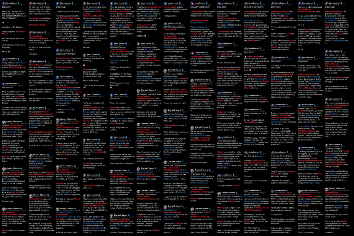 Wallface's tweet photo. 400 posts attacking and smearing @RepThomasMassie across just 25 days in May. And they aren’t all of them.

That’s what a $30 million race with spending from AIPAC-linked and other pro-Israel groups came bundled with. https://t.co/DgR2szZHMB