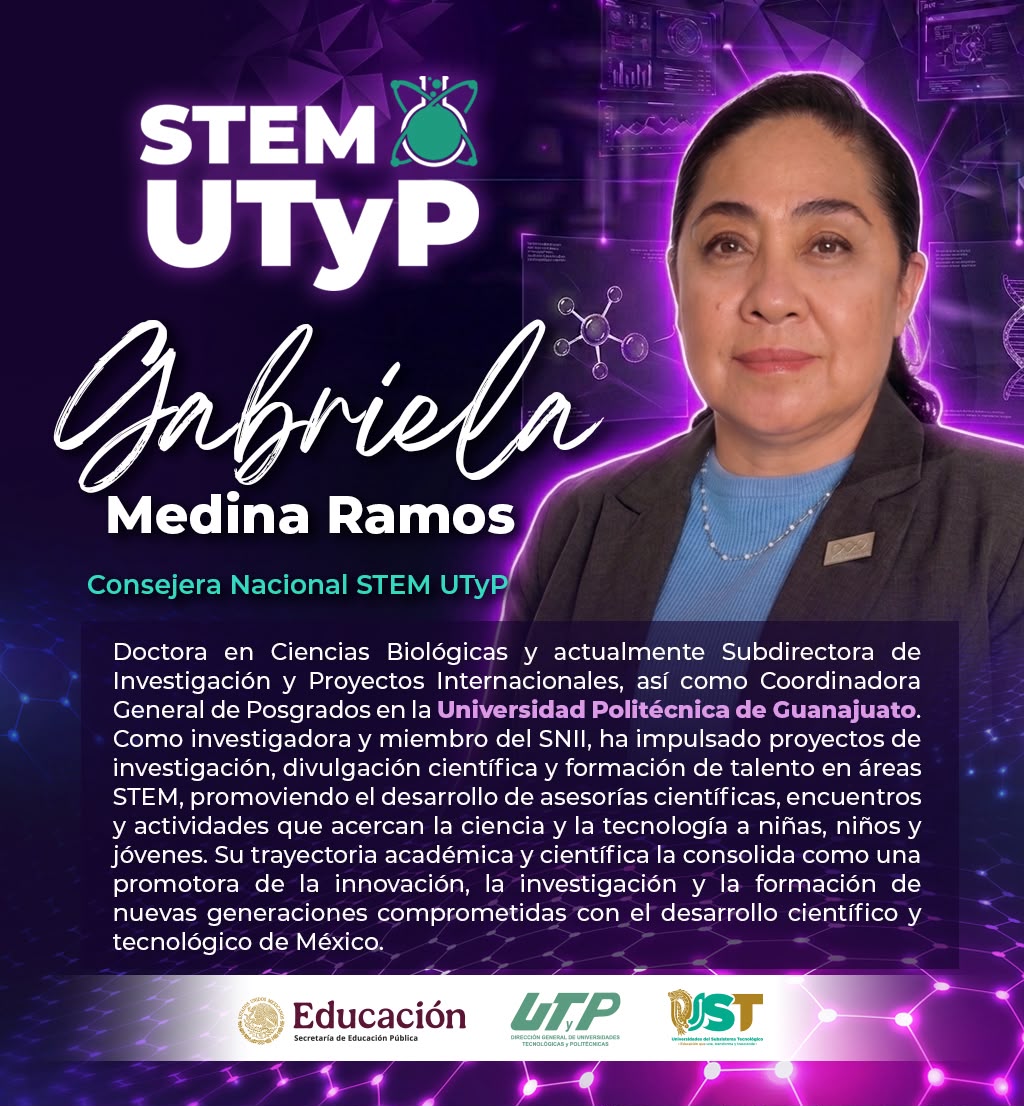STEM_UTYP's tweet photo. ¡Conoce a nuestras Consejeras STEM UTyP! 
Damos la bienvenida a la Dra. Gabriela Medina Ramos, quien se integra como Consejera Nacional STEM UTyP, Su experiencia y compromiso fortalecerán las acciones de STEM UTyP.

#STEMUTyP #ConsejerasSTEM #MujeresSTEM #Liderazgo #Educación https://t.co/VZiQhT3M87