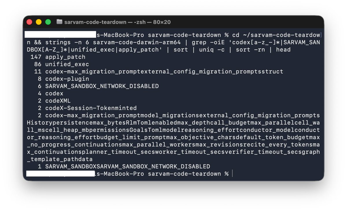 thisisvatsal's tweet photo. @rex09883 @getpiercode You can grep over the binary, you'll find a lot of codex refs they have migrated to sarvam (CODEX_ → SARVAM_ rename) with some extra code on top. 

I'll be surprised if they ever open source this cli and proving that it's not a fork. https://t.co/HdtSe0bs8D