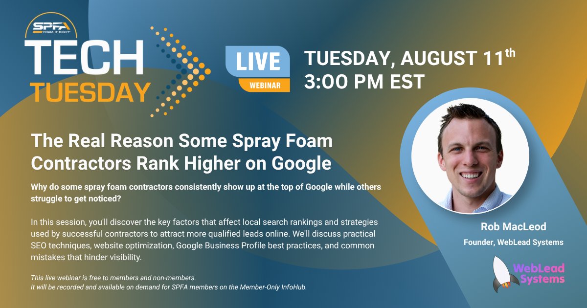 TheSPFA's tweet photo. Spray foam contractors struggle to rank on Google because they rely on outdated tactics. On Tues, Aug 11th at 3:00 PM EST, we are breaking down the actual science behind local search engine optimization.
๐ https://t.co/hPpzkb2m4q
#TechTuesday #SPFA #SprayFoam #FoamItRight https://t.co/qGu1wtOohh