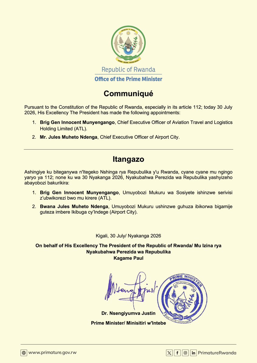 PrimatureRwanda's tweet photo. Communiqué from the Office of the Prime Minister
----------------------------
Itangazo riturutse mu Biro bya Minisitiri w'Intebe https://t.co/Zb4GISKb5q