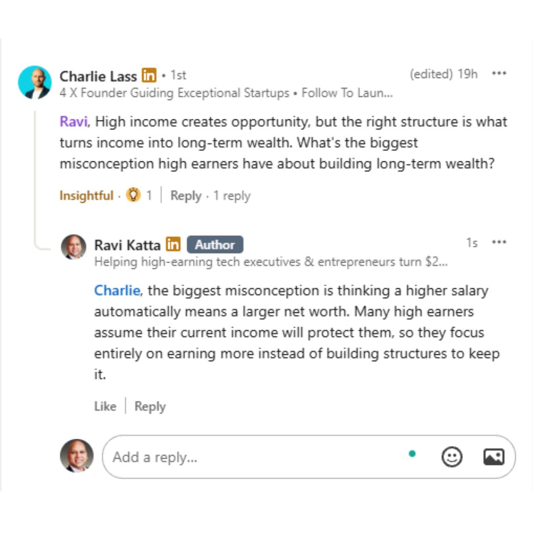 rkatta's tweet photo. High income creates opportunity.

It doesn't create wealth.

Those are two different things, and most high earners never separate them.

Here's what that looks like in practice.

A software engineer at a major tech company hits $400K in total comp. Base, bonus, RSUs, the whole package.

Lifestyle expands to match it. Bigger house. Nicer cars. Private school tuition.

Ten years later, comp has doubled. Net worth hasn't.

Why?

Because every dollar earned got treated as spendable income instead of raw material for building something.

The RSUs vested and got sold for cash flow instead of redeployed into appreciating assets.

The tax bill got paid instead of engineered around.

The savings sat in a brokerage account instead of working through structures that compound and shelter at the same time.

High income feels like safety. It isn't.

Income requires you to keep showing up. Wealth doesn't.

The engineers who actually build long-term wealth make one shift early: they stop asking "how much can I earn" and start asking "how much of what I earn can I convert into assets I own."

Real estate. Business equity. Structures that generate income independent of a paycheck.

That shift is the entire game.

So here's the question worth sitting with:
If your income stopped tomorrow, would your net worth still be growing?