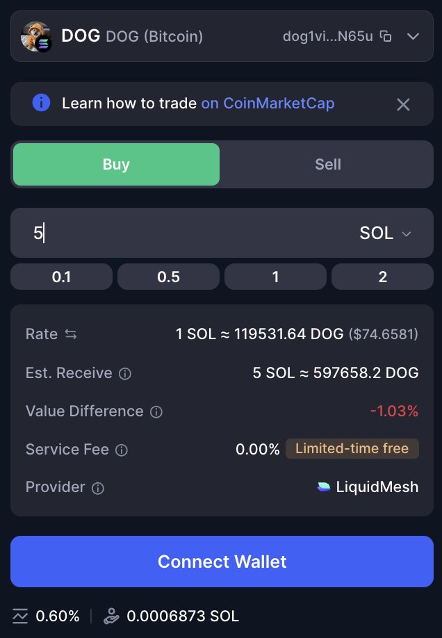 Cryptolution's tweet photo. 🚨JUST IN: @CoinMarketCap integrates DEX swap to buy solana:dog1viwbb2vWDpER5FrJ4YFG6gq6XuyFohUe9TXN65u (via Solana wrapped version) directly on listing page.

Source: https://t.co/pvFNoTdvgt https://t.co/ZOm1eC8J5t