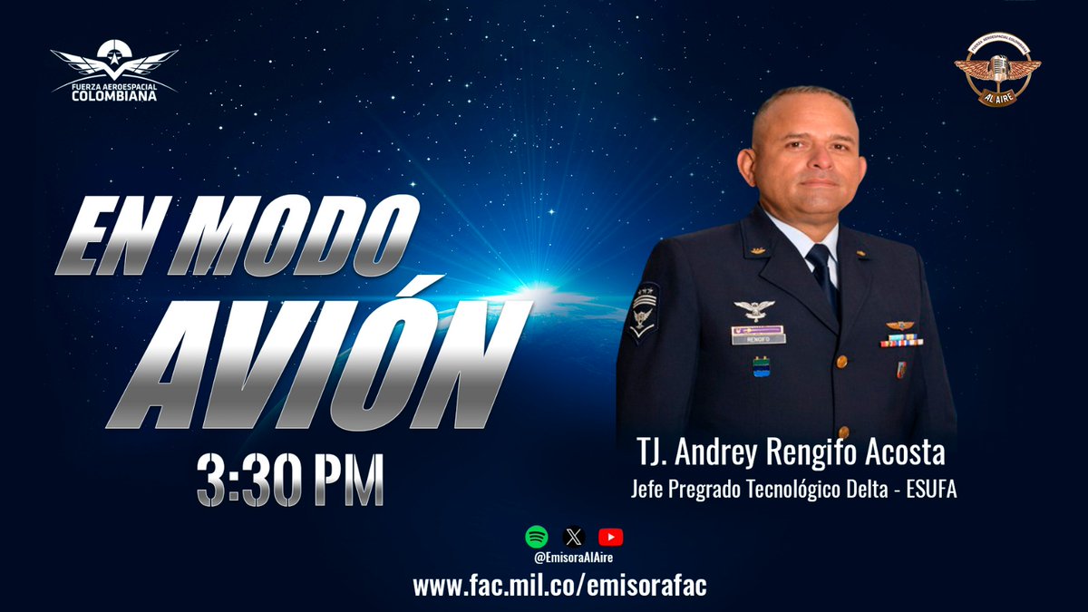 EmisoraAlAire's tweet photo. ✈️ Orgulloso de ser Suboficial de la #FuerzaAeroespacial🇨🇴, el Jefe de Pregrado Tecnológico Delta nos comparte su trayectoria profesional en la especialidad de Electrónica Aeronáutica al servicio del país.
🎧Escuche hoy 3:30 P.M. ▶️https://t.co/bQFenTw3rM
#ESUFA #EnModoAvión https://t.co/j29Au5OPul