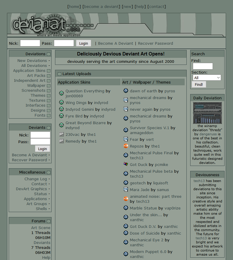 WebDesignMuseum's tweet photo. On August 7, 2000, Scott Jarkoff, Matthew Stephens and Angelo Sotira founded an art community portal called DeviantArt.

#InternetHistory https://t.co/soINyO3zpl