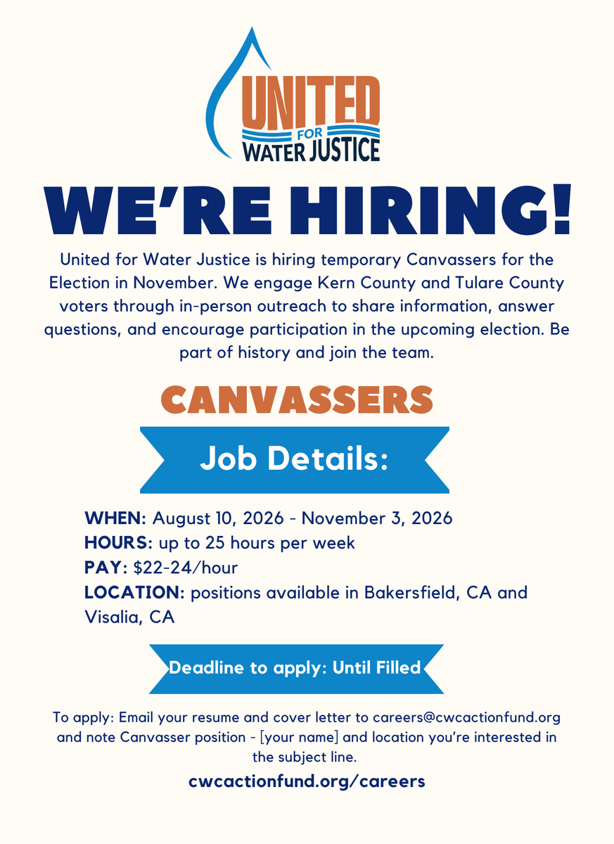 CWCActionFund's tweet photo. Make a difference in just hours/weeks!🚰 Join our team as a part-time canvasser ($22-24/hr) and help Kern County voters take action this primary election. Talk to voters, fight for clean water, and create a change in your community. 
Apply today: https://t.co/iJFoQexaxa https://t.co/mgURzP6eaw