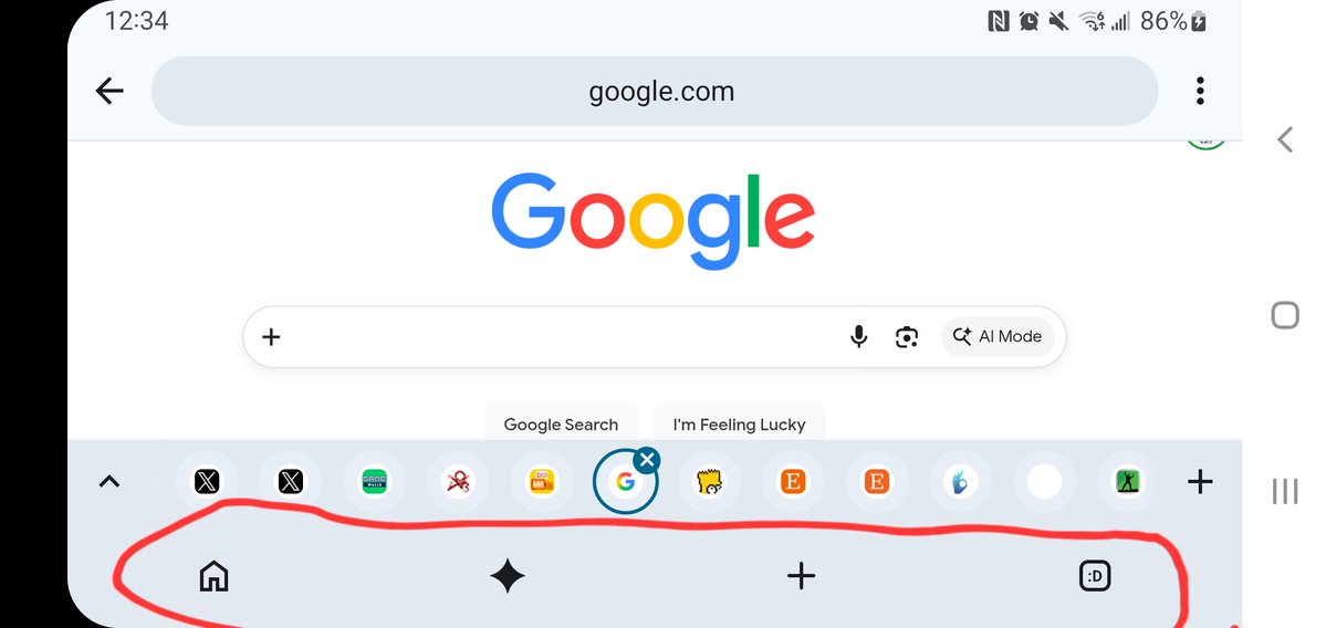 AGZ19971's tweet photo. @googlechrome Can you find a way to remove the circled part of the bottom? It's a nuisance on my phone. Or at the very least give us the option to switch the layout back to what it was before in the second picture. I scribbled out personal stuff on the second picture. https://t.co/IxJeJDnbzj