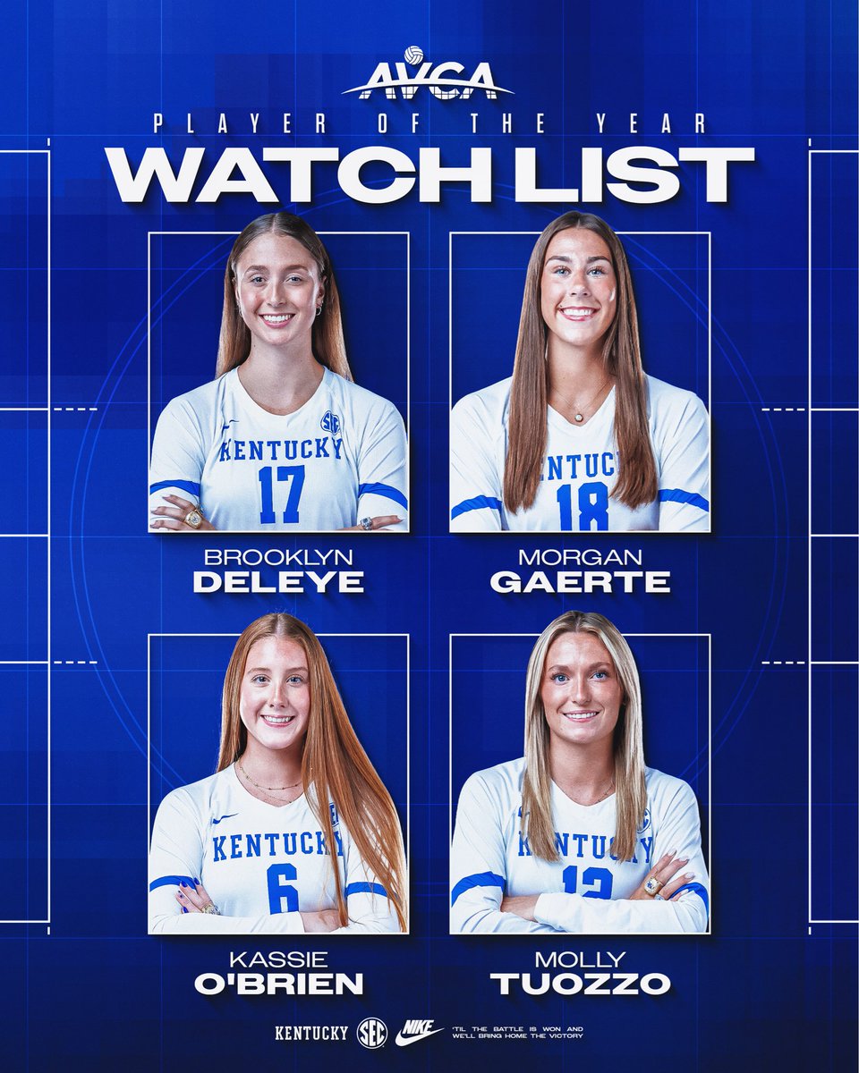 KentuckyVB's tweet photo. Keep your eyes on these Cats😼👀

Brooklyn DeLeye, Morgan Gaerte, Kassie O’Brien and Molly Tuozzo have all been named to the AVCA Player of the Year watch list!

#WeAreUK x #BBN https://t.co/K70jGn15Ra
