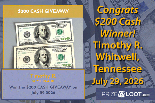 Prizeloot's tweet photo. Congrats Timothy R. of Whitwell, Tennessee - #Winner of the $200 CASH GIVEAWAY on July 29, 2026!

Get your FREE ENTRIES to #win up to $499,999!
✔️Enter PrizeLoot: https://t.co/xJYCyhlbSs https://t.co/IXBjj9S8qv