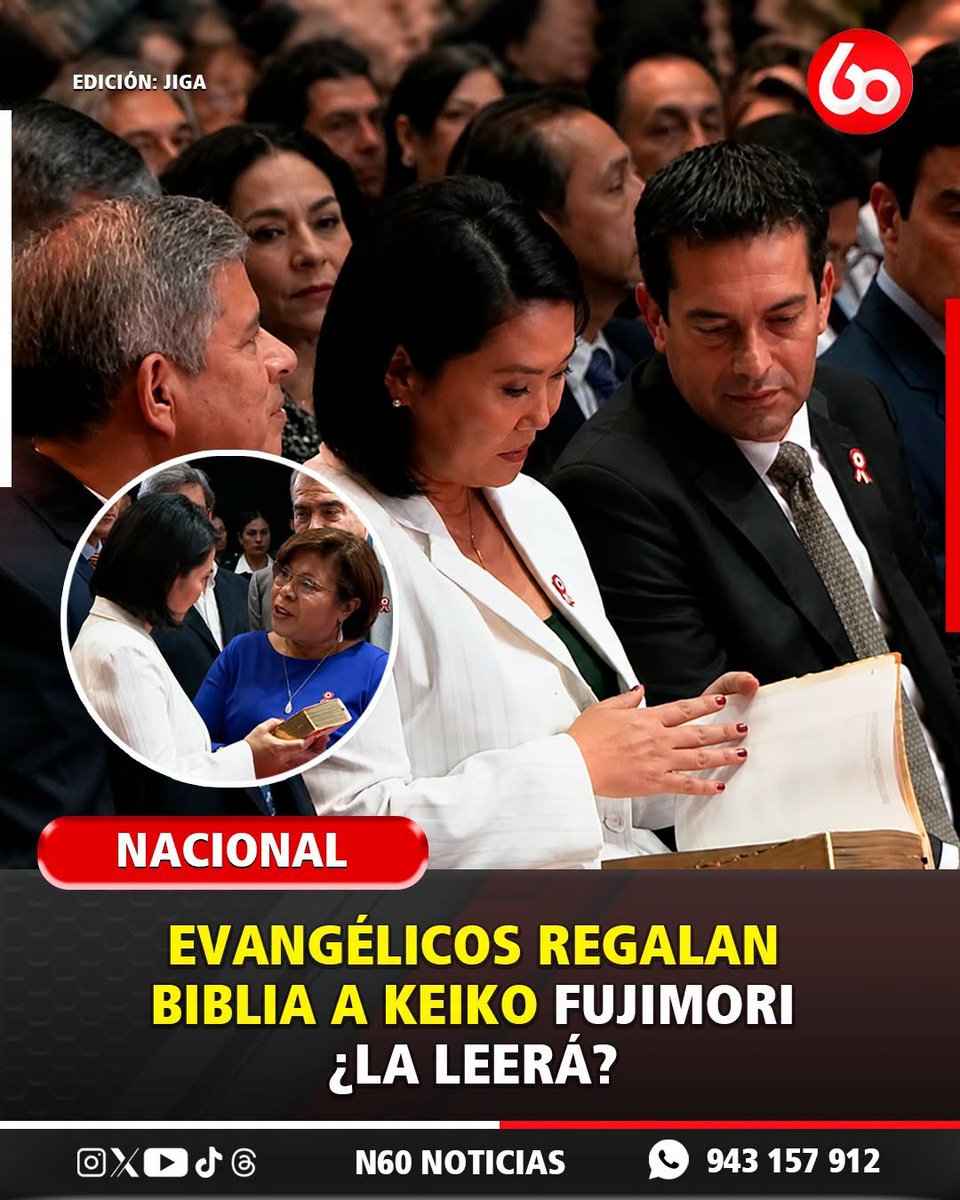 N60Noticias's tweet photo. 📷📷#N60Noticias | EVANGÉLICOS ENTREGAN UNA BIBLIA A KEIKO FUJIMORI. Durante su participación en un culto evangélico, la presidenta recibió una Biblia como obsequio de los asistentes. El gesto llamó la atención y rápidamente generó reacciones.

📷 ¿Leerá la biblia? https://t.co/ceAJPEeGXW