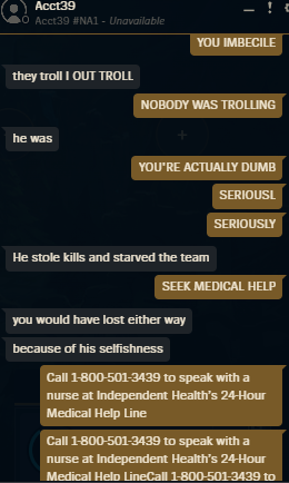 spuhnn's tweet photo. @drewlevin this person by the name of Acct#NA1 was constantly sitting top lane in my most recent match. He would never teamfight when ME AND EVERYONE ELSE ON THE TEAM WAS. In the screenshot below, he even admitted to "trolling" when nobody on the team was trolling. Wild. https://t.co/T92sULWGpP