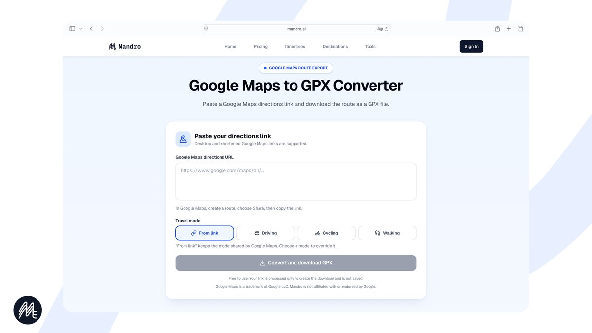 mandro_ai's tweet photo. Planned a route in Google Maps but need it on your GPS device?

Paste the directions link into Mandro and download it as a GPX file. Works with driving, cycling, and walking routes. Free to use.

https://t.co/jBn5307reM https://t.co/zyOZRP6Fds